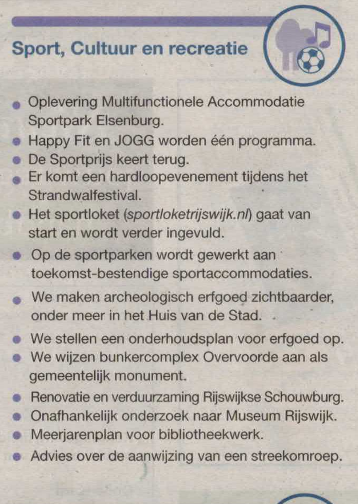 Krantenknipsel uit de rubriek Sport, Cultuur en recreatie, met de aankondiging van sportloketrijswijk.nl.